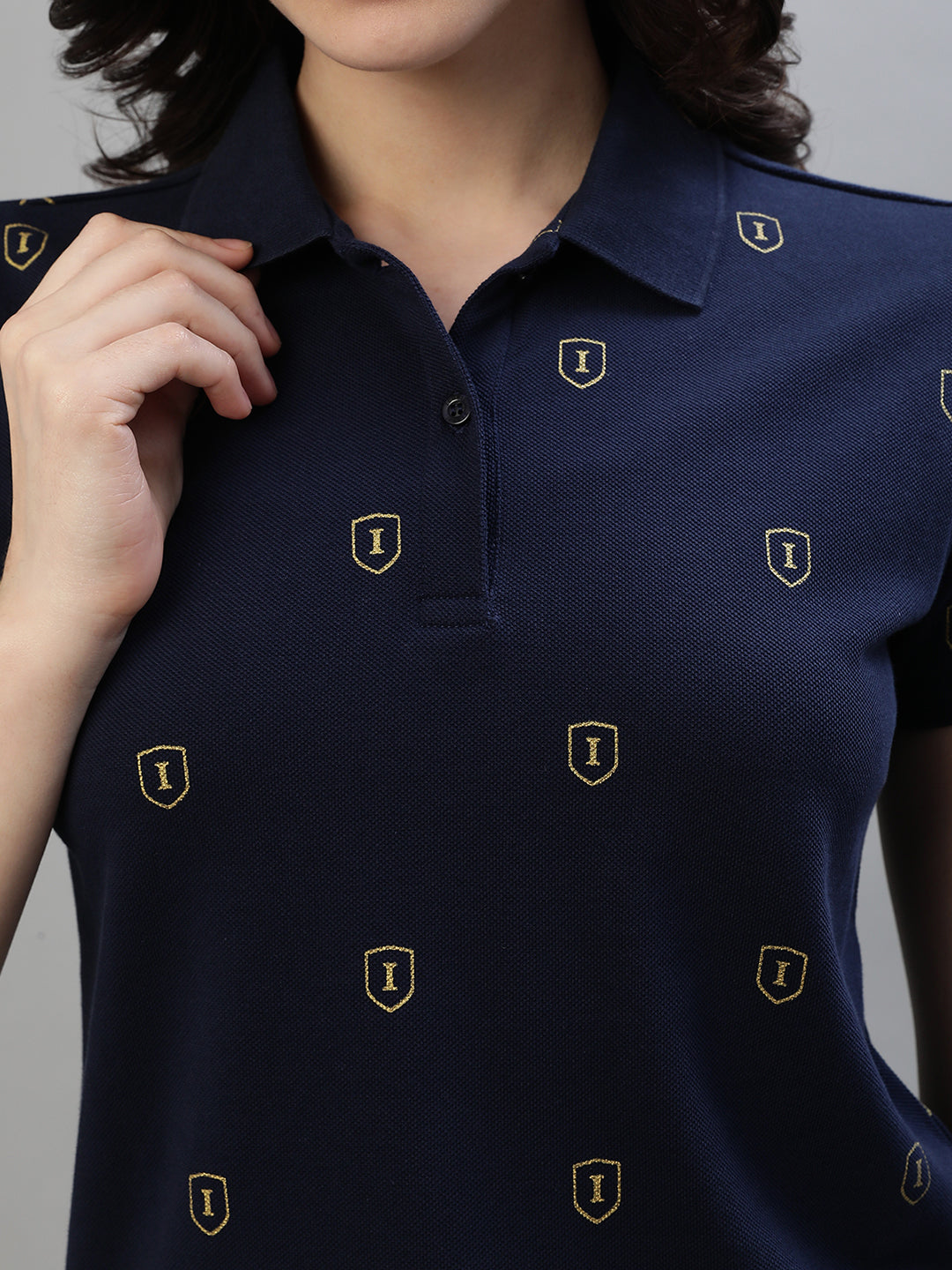 Iconic Women Navy Blue Printed Polo Collar Short Sleeves T-Shirt