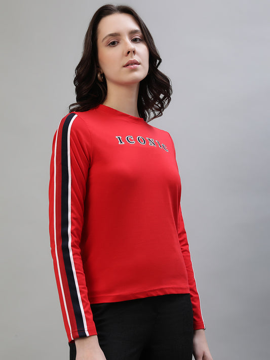 Iconic Women Red Solid Round Neck Full Sleeves T-Shirt