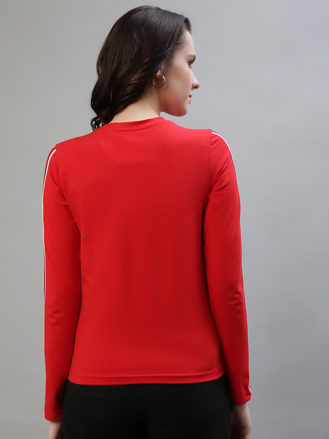 Iconic Women Red Solid Round Neck Full Sleeves T-Shirt