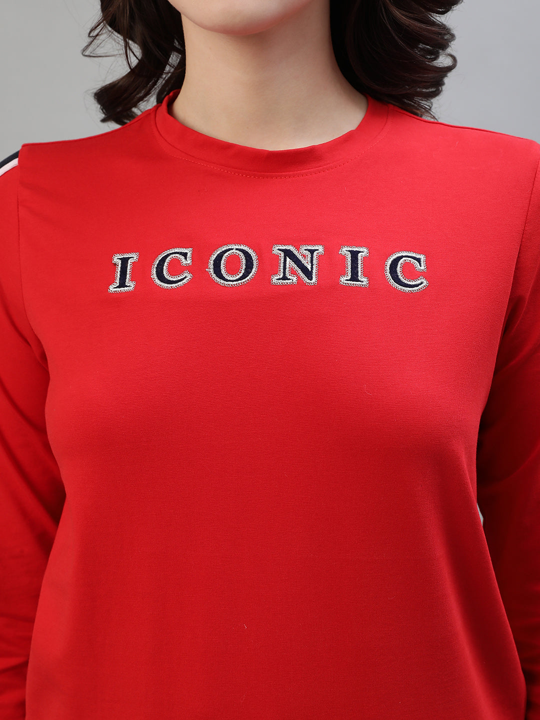 Iconic Women Red Solid Round Neck Full Sleeves T-Shirt