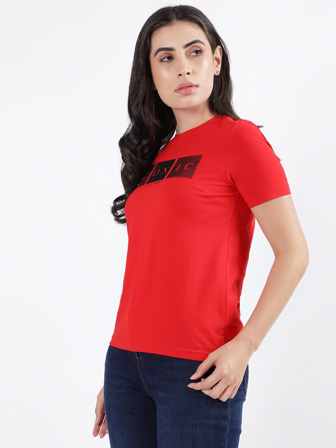 Iconic Women Red Solid Round Neck Short Sleeves T-Shirt