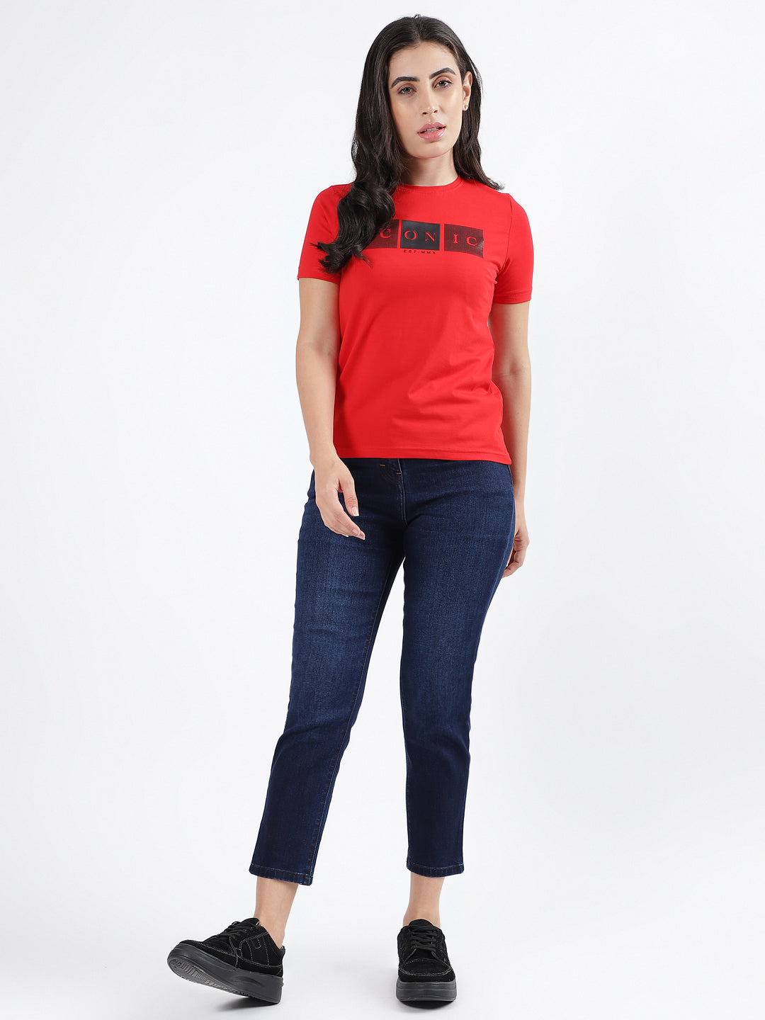 Iconic Women Red Solid Round Neck Short Sleeves T-Shirt