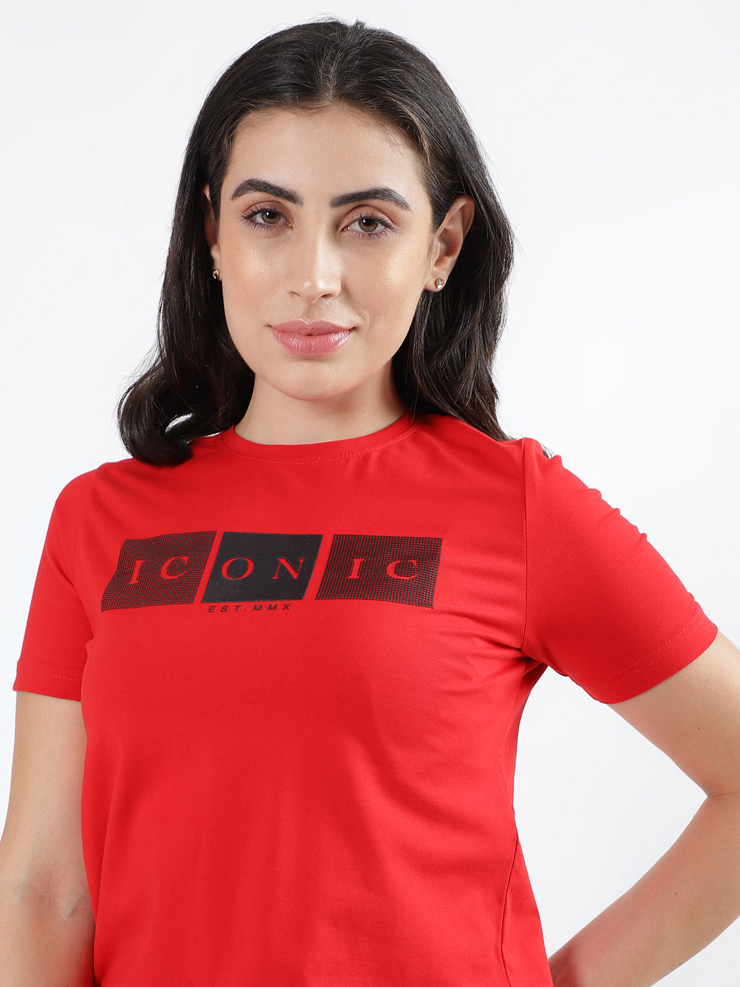 Iconic Women Red Solid Round Neck Short Sleeves T-Shirt