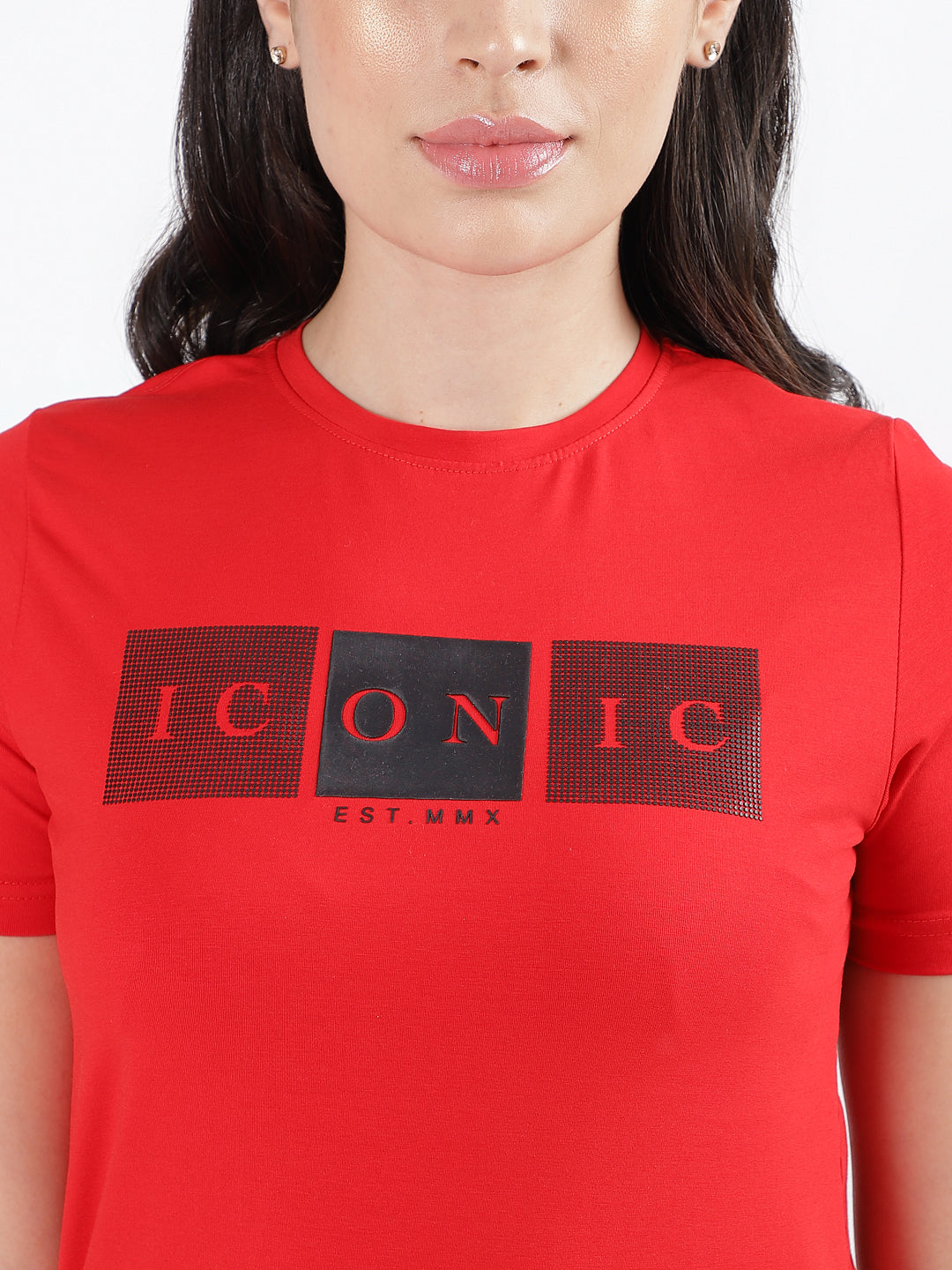 Iconic Women Red Solid Round Neck Short Sleeves T-Shirt