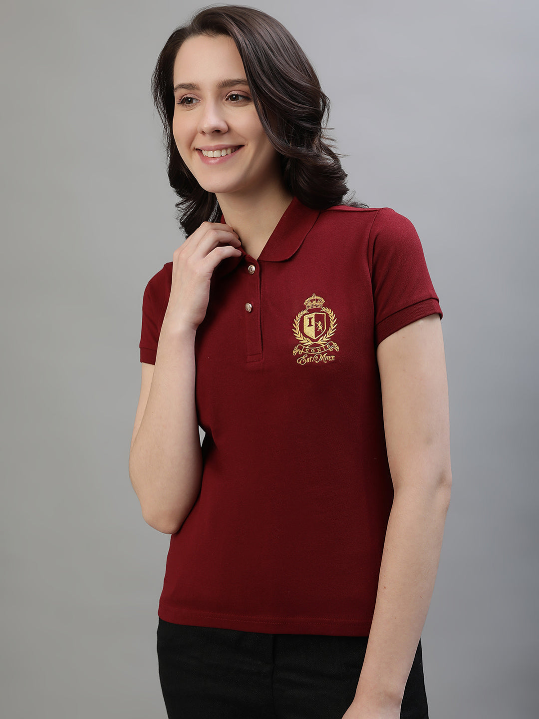 Iconic Women Maroon Solid Polo Collar Short Sleeves T-Shirt