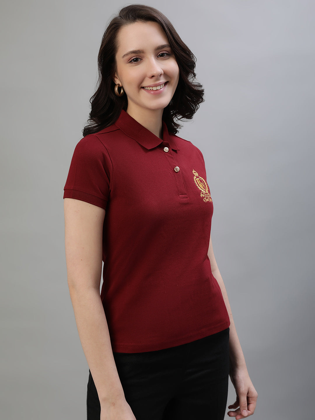 Iconic Women Maroon Solid Polo Collar Short Sleeves T-Shirt