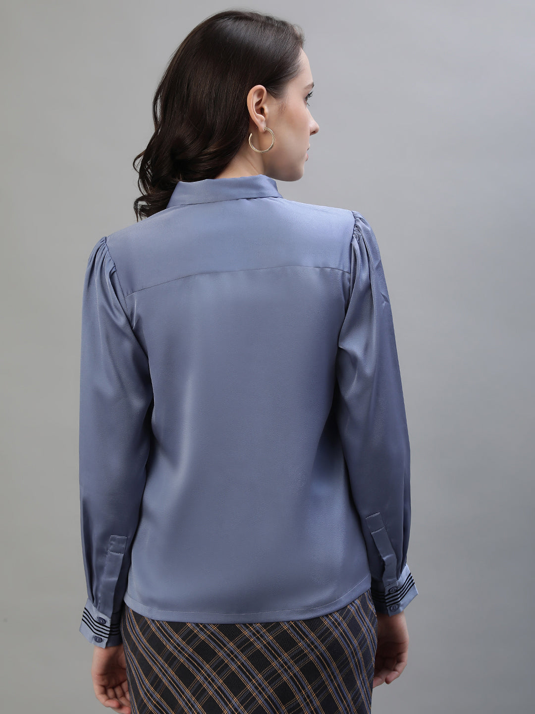 Iconic Women Blue Solid Spread Collar Full Sleeves Shirt