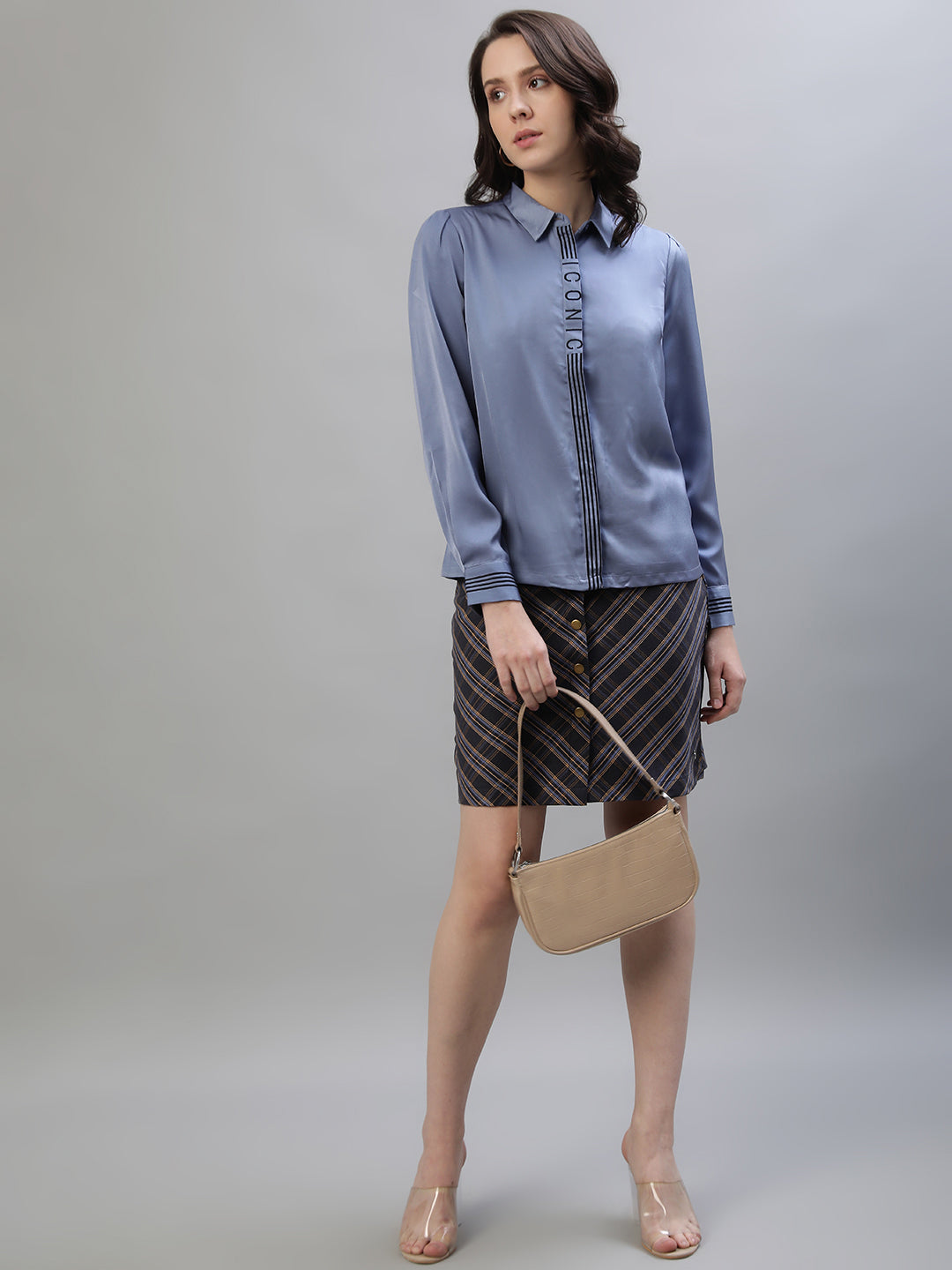 Iconic Women Blue Solid Spread Collar Full Sleeves Shirt