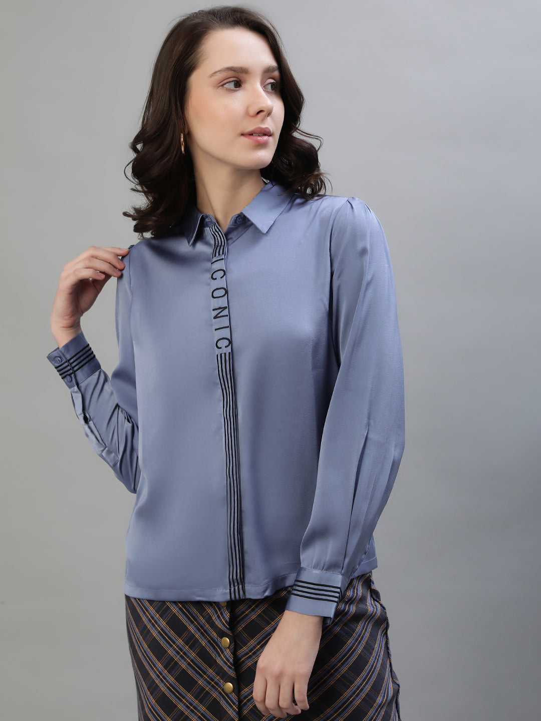 Iconic Women Blue Solid Spread Collar Full Sleeves Shirt