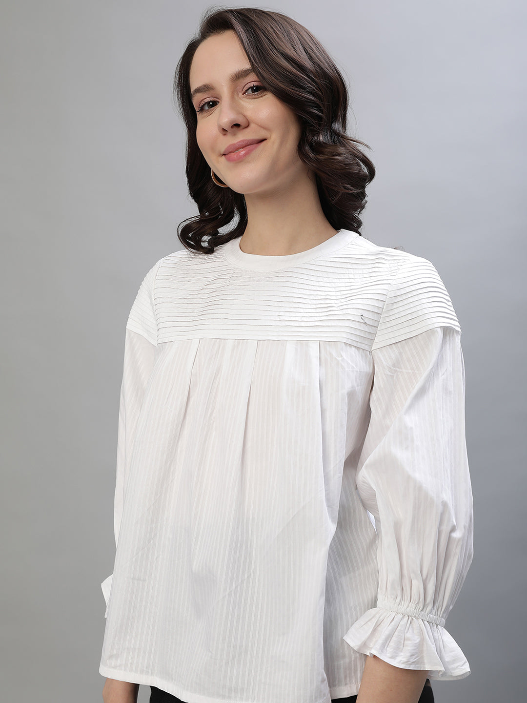 Iconic Women White Striped Round Neck 3/4th Sleeves Top