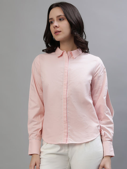 Iconic Women Pink Solid Spread Collar Full Sleeves Shirt