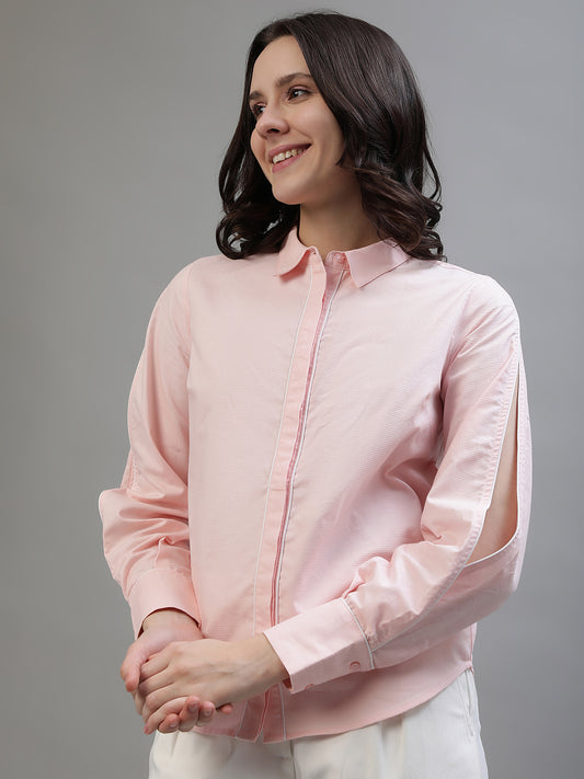 Iconic Women Pink Solid Spread Collar Full Sleeves Shirt