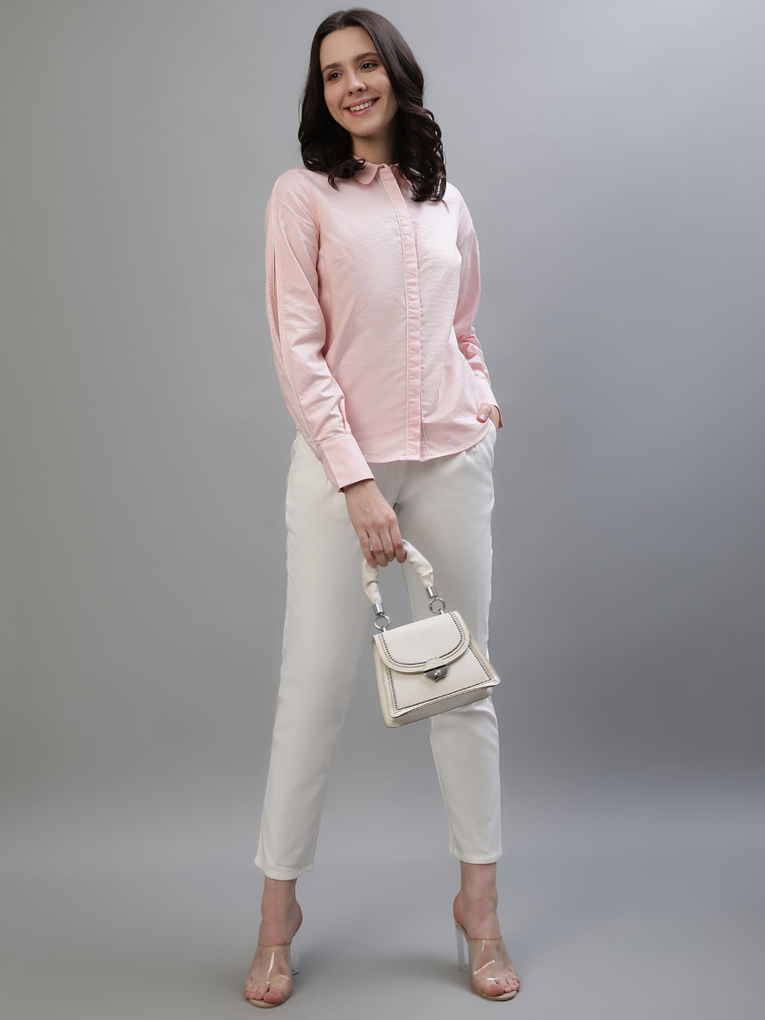 Iconic Women Pink Solid Spread Collar Full Sleeves Shirt