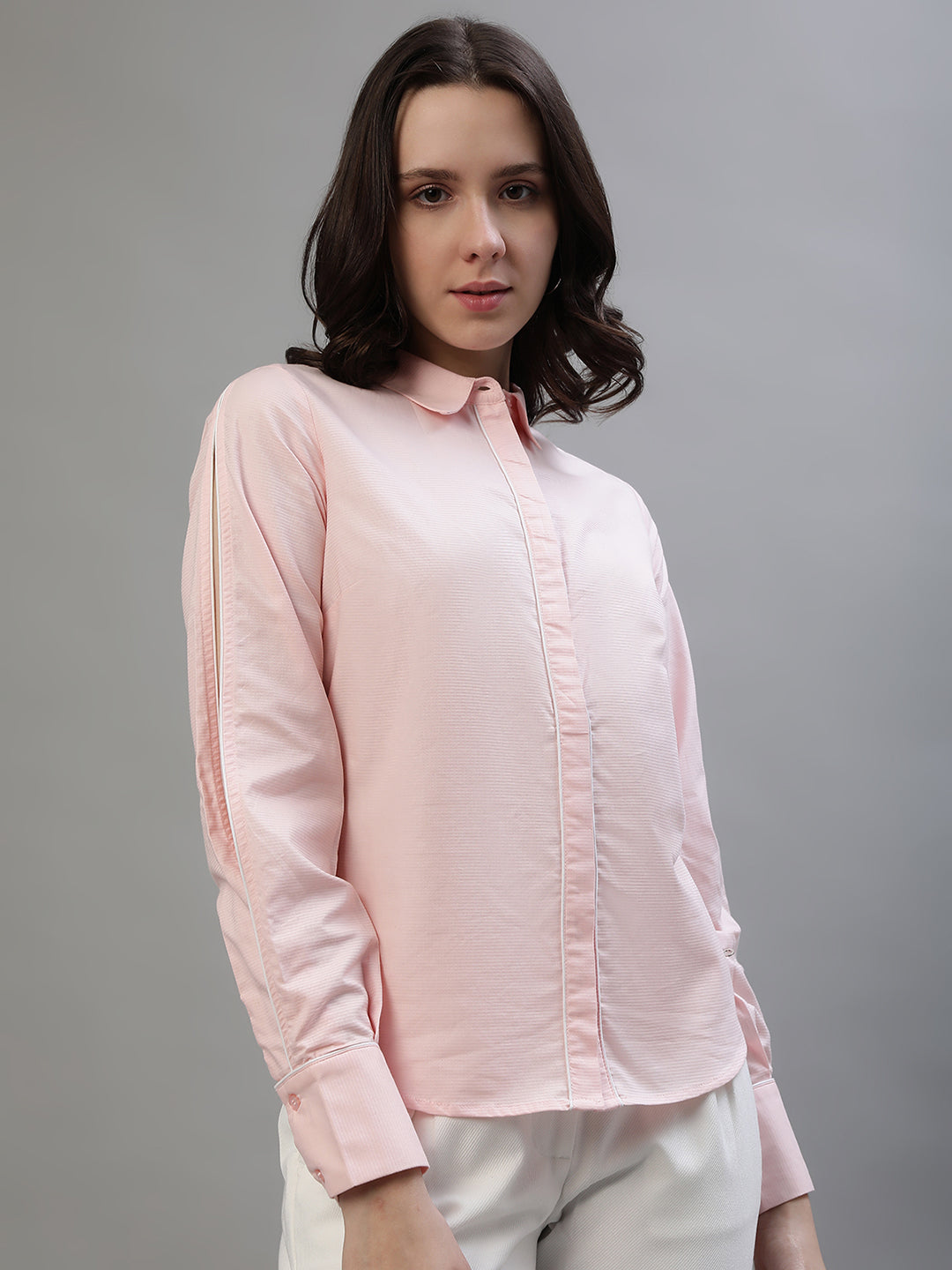 Iconic Women Pink Solid Spread Collar Full Sleeves Shirt