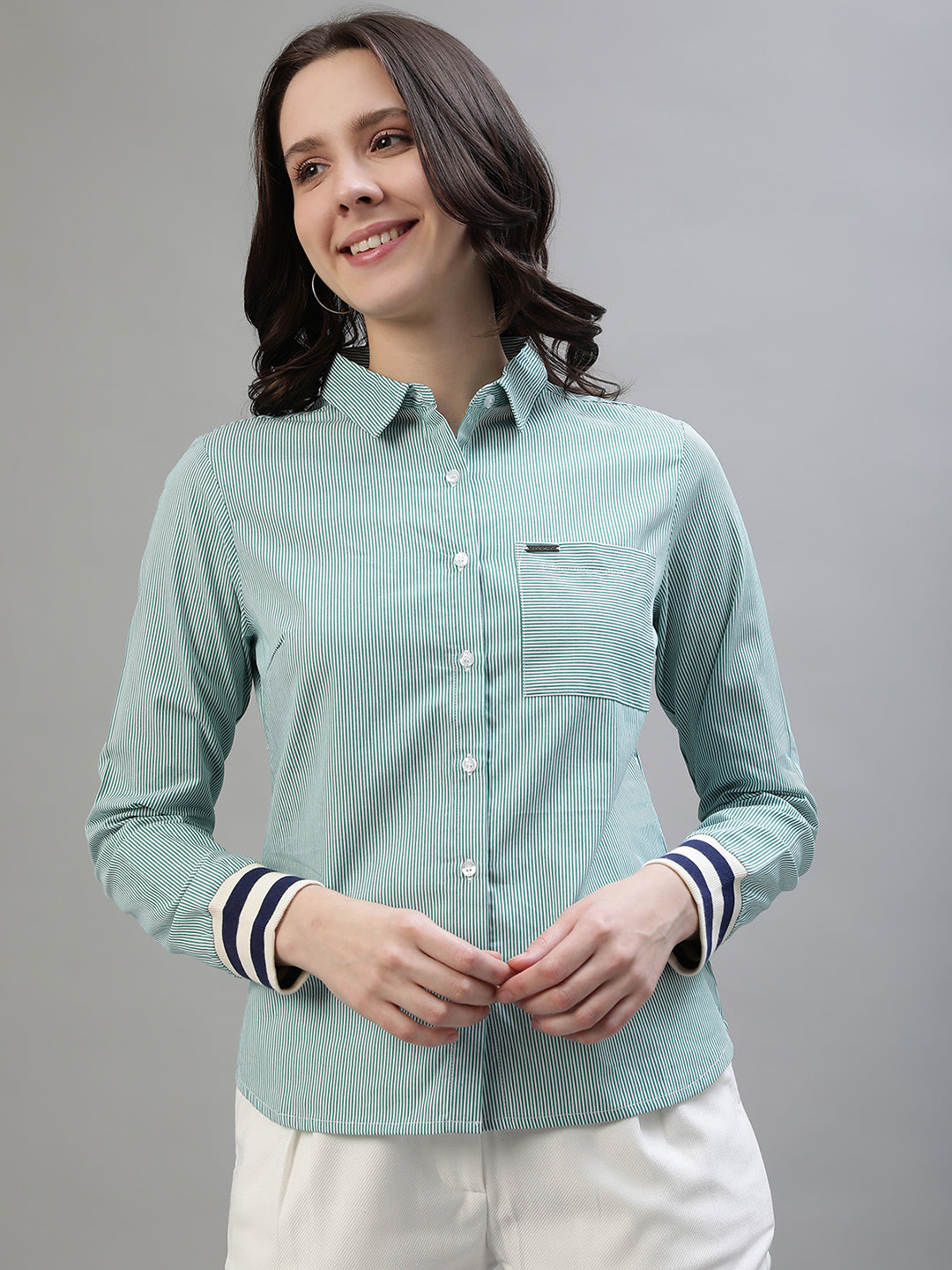 Iconic Women Green Striped Spread Collar Full Sleeves Shirt