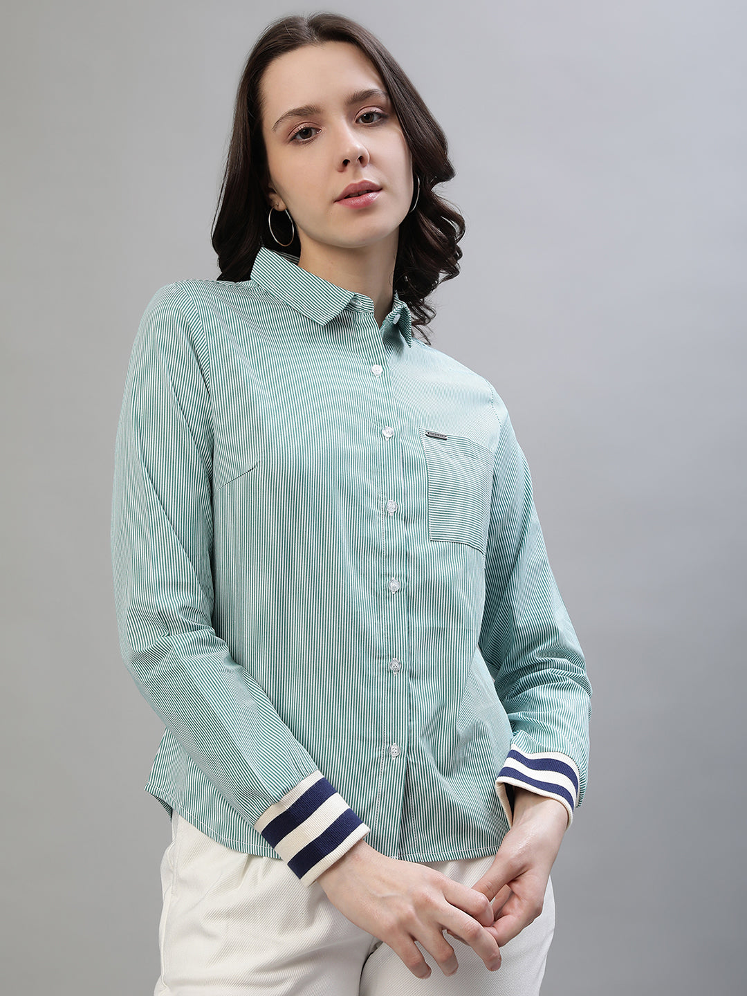 Iconic Women Green Striped Spread Collar Full Sleeves Shirt