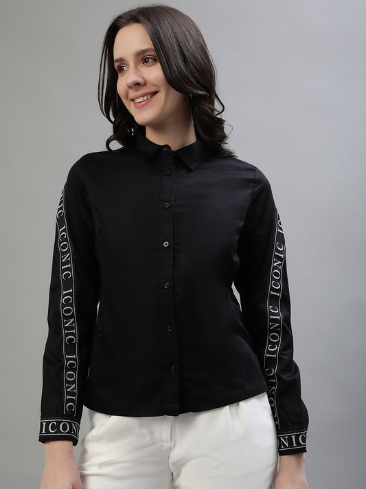 Iconic Women Black Solid Spread Collar Full Sleeves Shirt