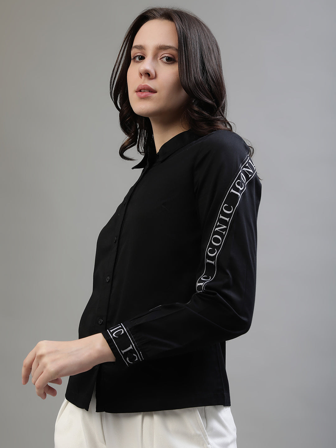 Iconic Women Black Solid Spread Collar Full Sleeves Shirt