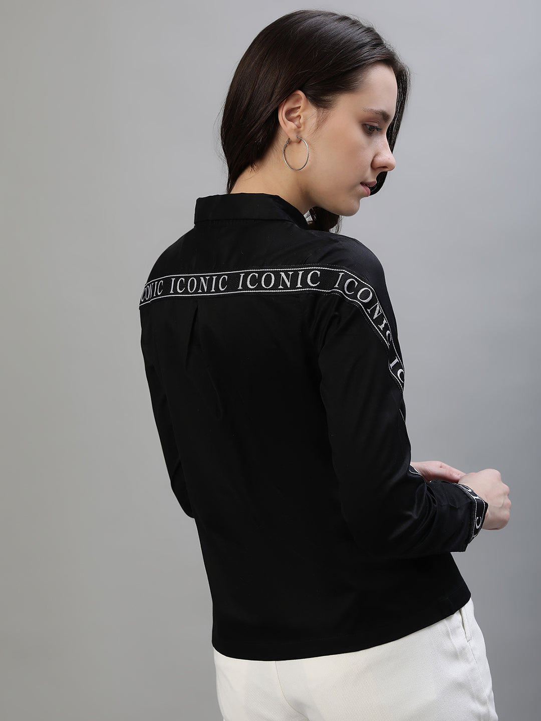 Iconic Women Black Solid Spread Collar Full Sleeves Shirt