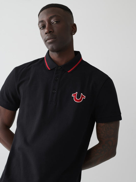 True Religion Men Black Printed Polo Neck Short Sleeves T-shirt