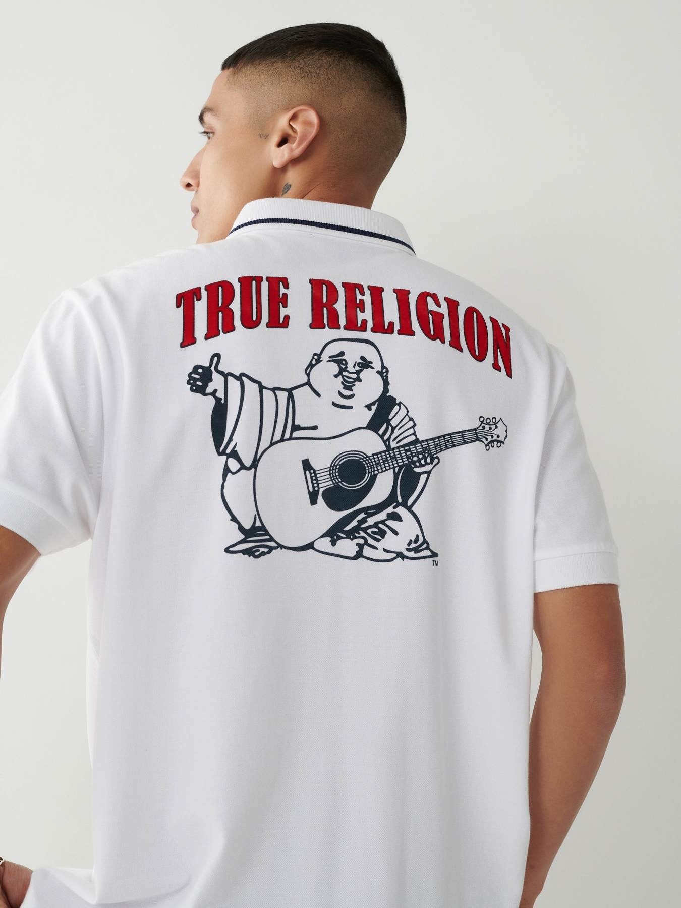 True Religion Men White Printed Polo Neck Short Sleeves T-shirt