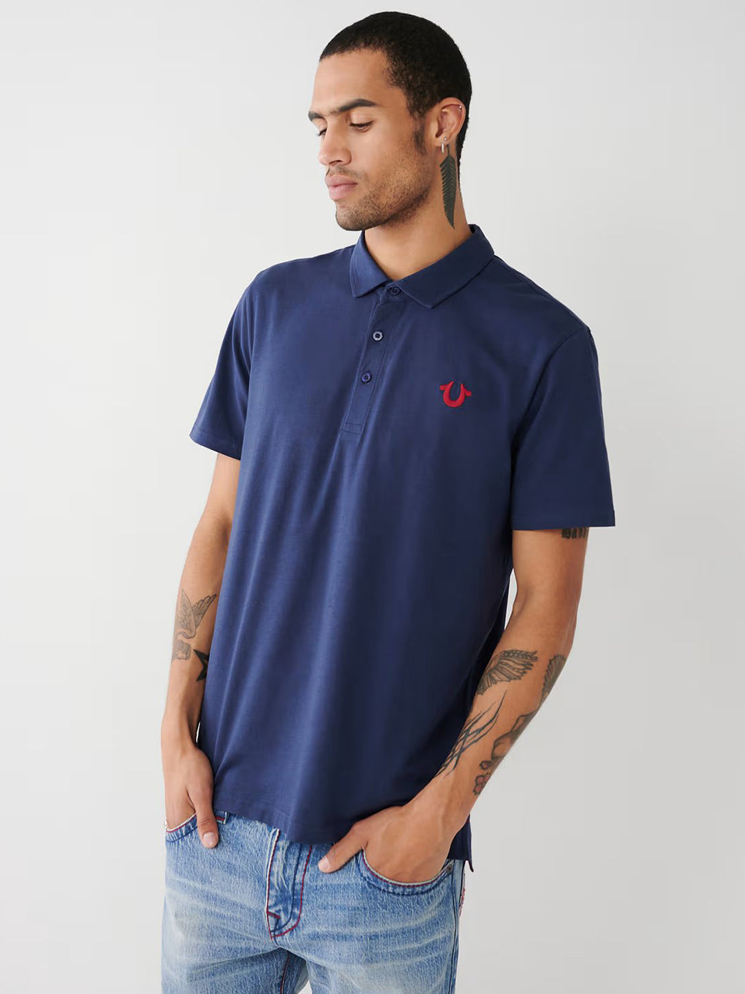 True Religion Men Blue Solid Polo Collar Short Sleeves T-shirt