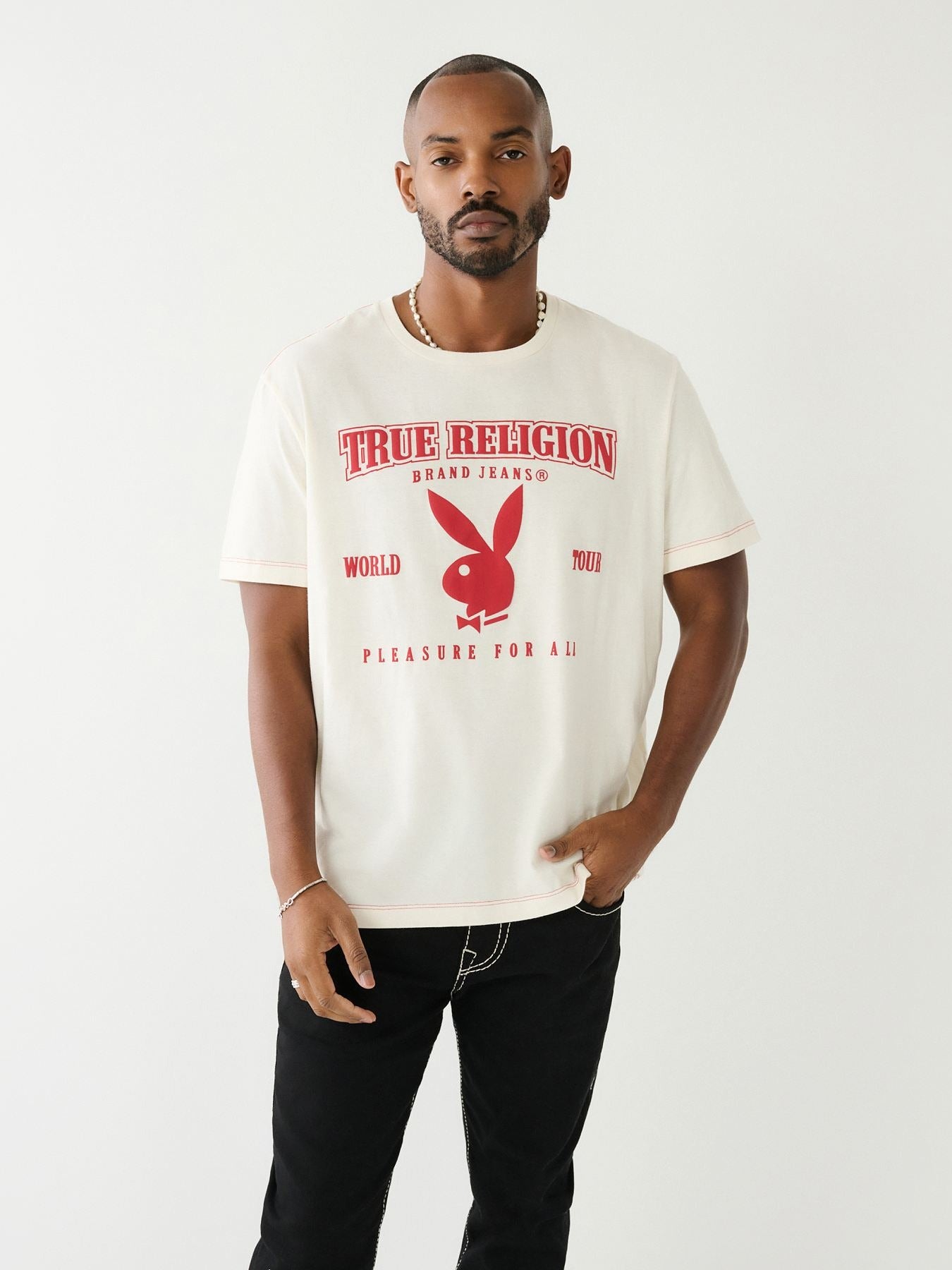 True Religion Men White Printed Round Neck Short Sleeves T-shirt