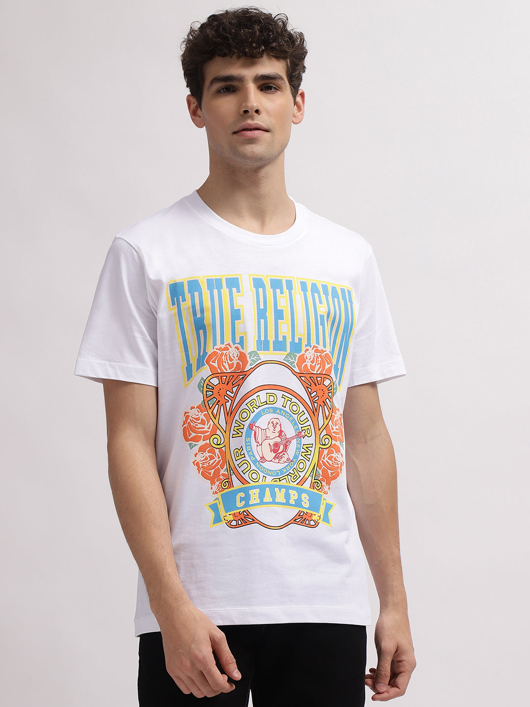 True Religion Men White Printed Round Neck Short Sleeves T-Shirt