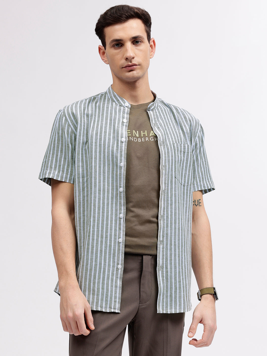 Lindbergh Men Green Striped Band Collar Short Sleeves Shirt