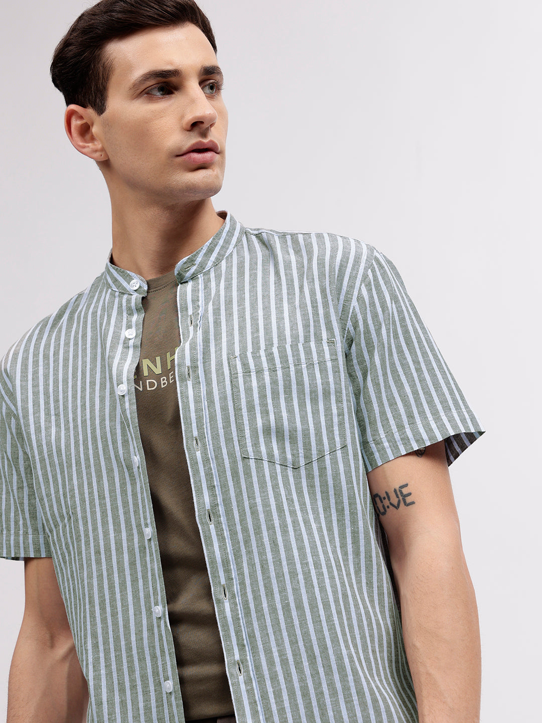 Lindbergh Men Green Striped Band Collar Short Sleeves Shirt