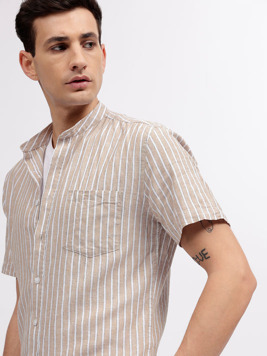 Lindbergh Men Beige Striped Band Collar Short Sleeves Shirt