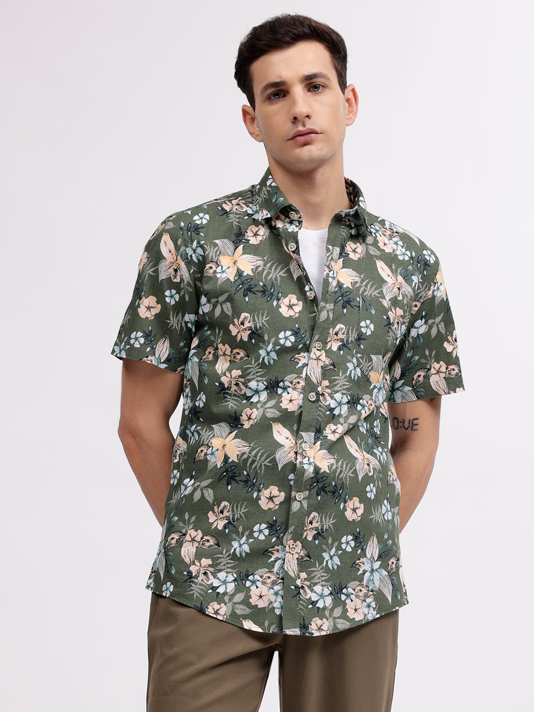 Lindbergh Men Green Floral Print Button-down Collar Short Sleeves Shirt