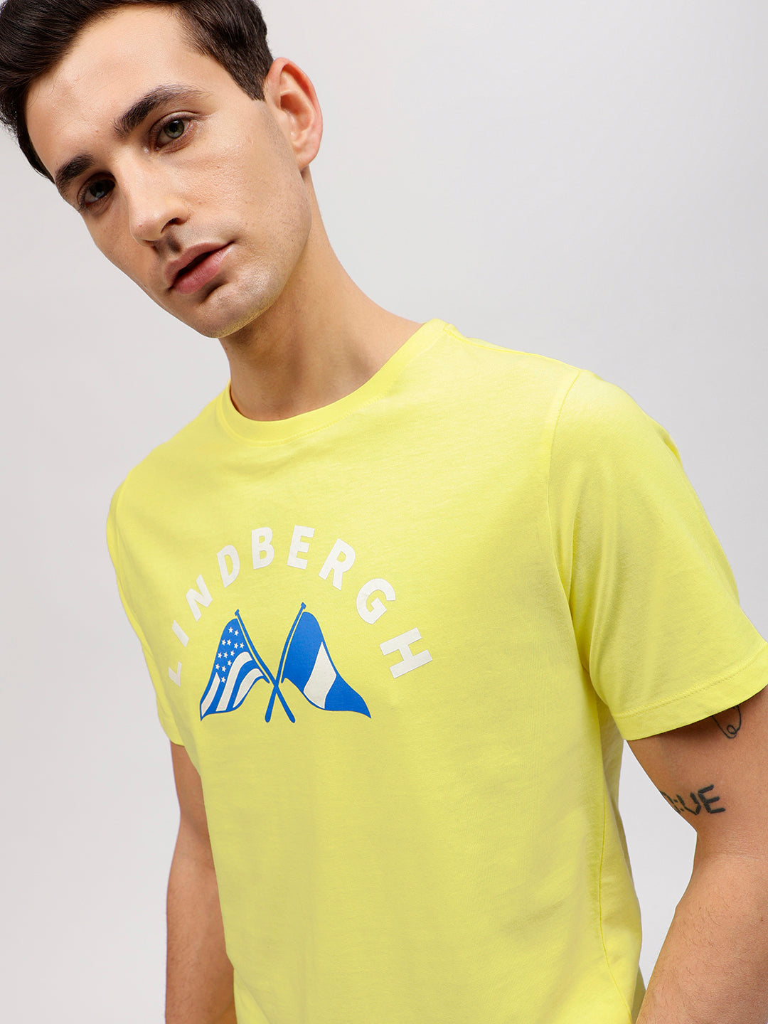 Lindbergh Men Yellow Printed Round Neck Short Sleeves T-shirt