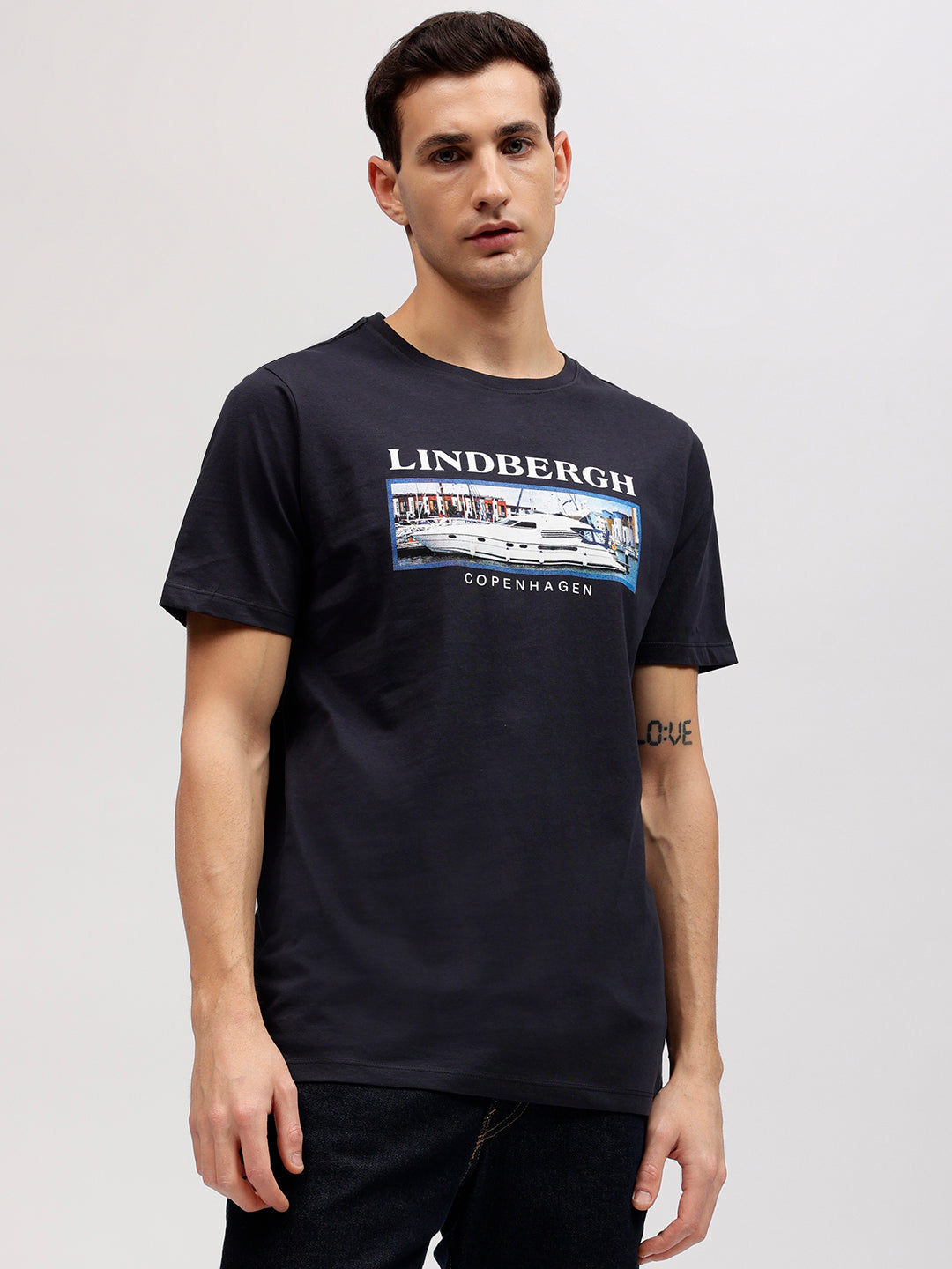 Lindbergh Men Blue Printed Round Neck Short Sleeves T-shirt