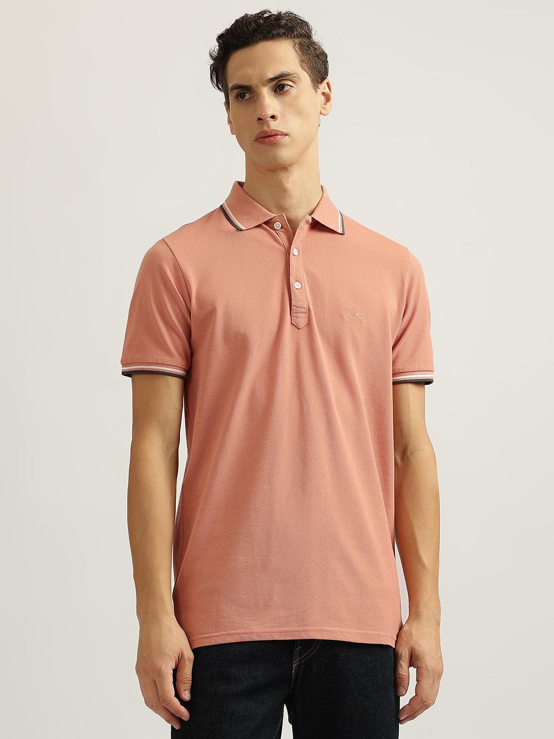 Lindbergh Men Peach Solid Collared Short Sleeves Polo T-Shirt