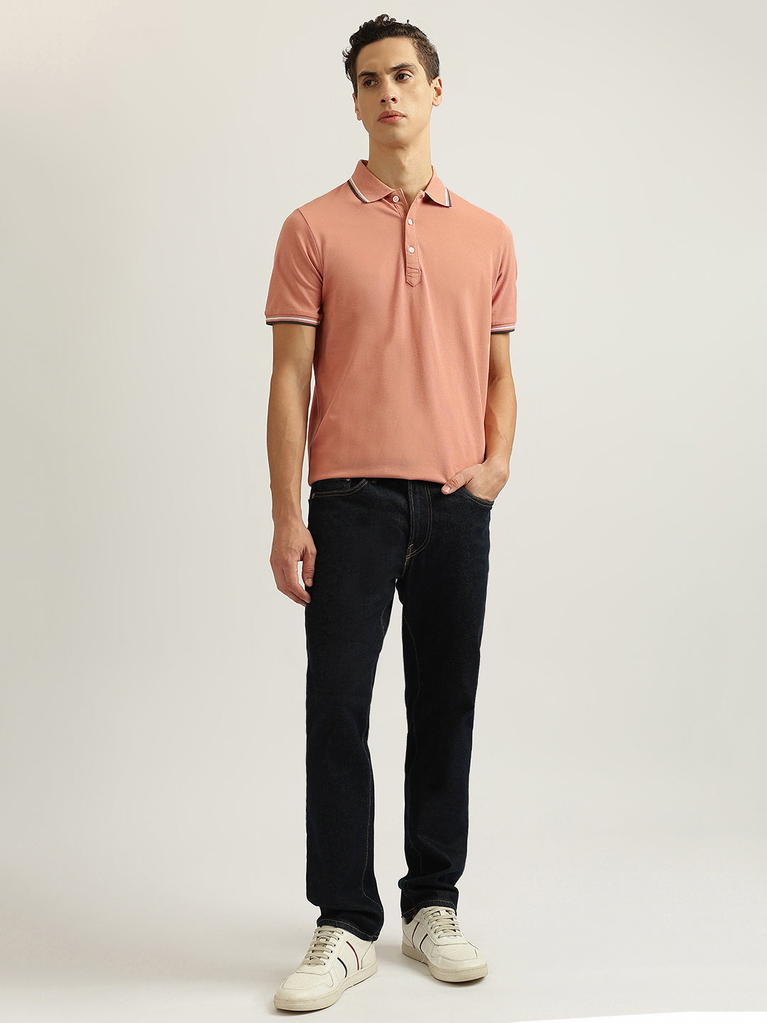 Lindbergh Men Peach Solid Collared Short Sleeves Polo T-Shirt