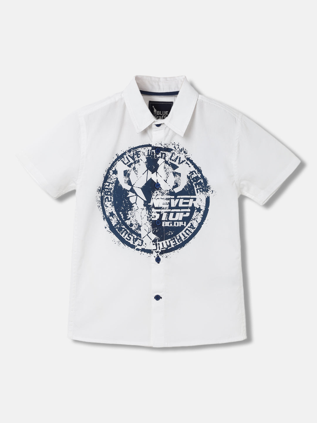 Blue Giraffe Boys White Printed Spread Collar Short Sleeves Shirt