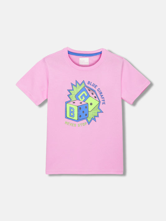 Blue Giraffe Boys Pink Printed Round Neck Short Sleeves T-shirt