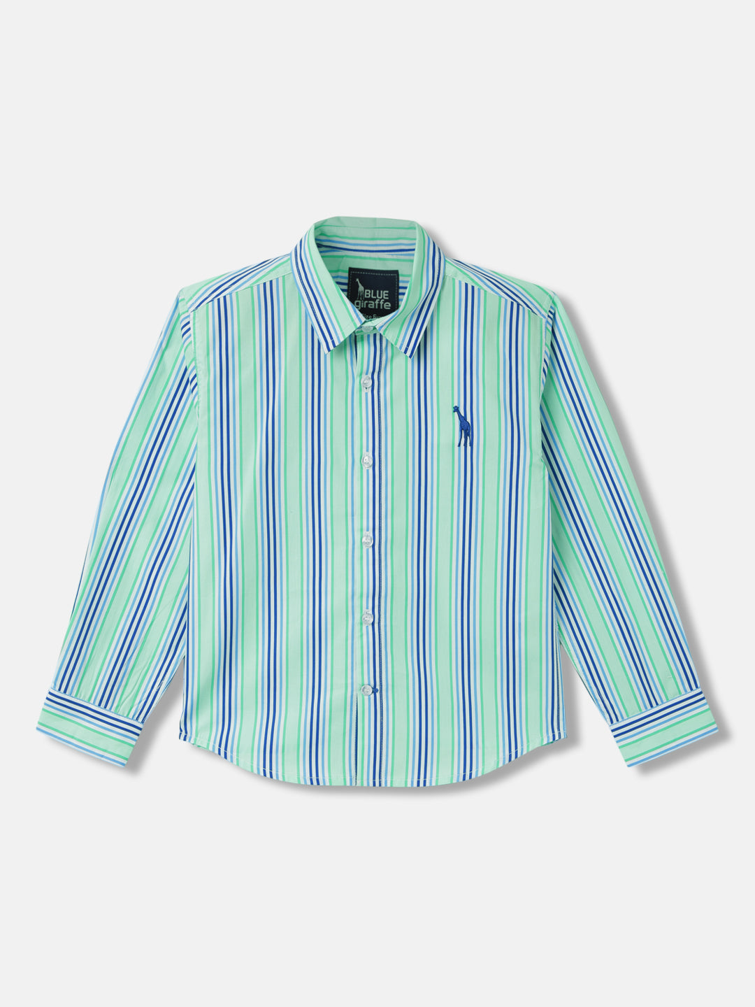 Blue Giraffe Boys Green Striped Spread Collar Full Sleeves Shirt