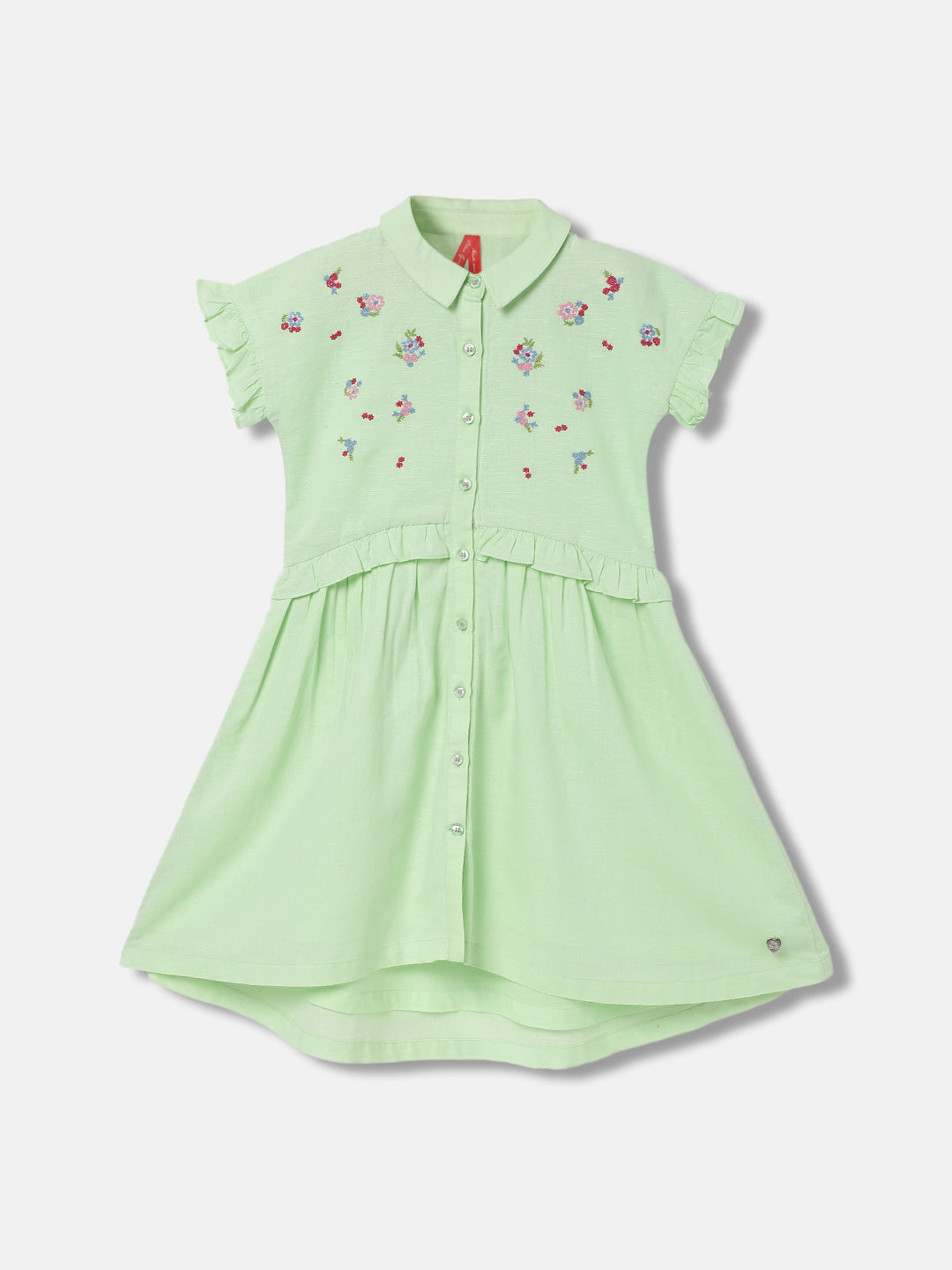 Blue Giraffe Girls Green Embroidered Shirt Collar Short Sleeves Dress