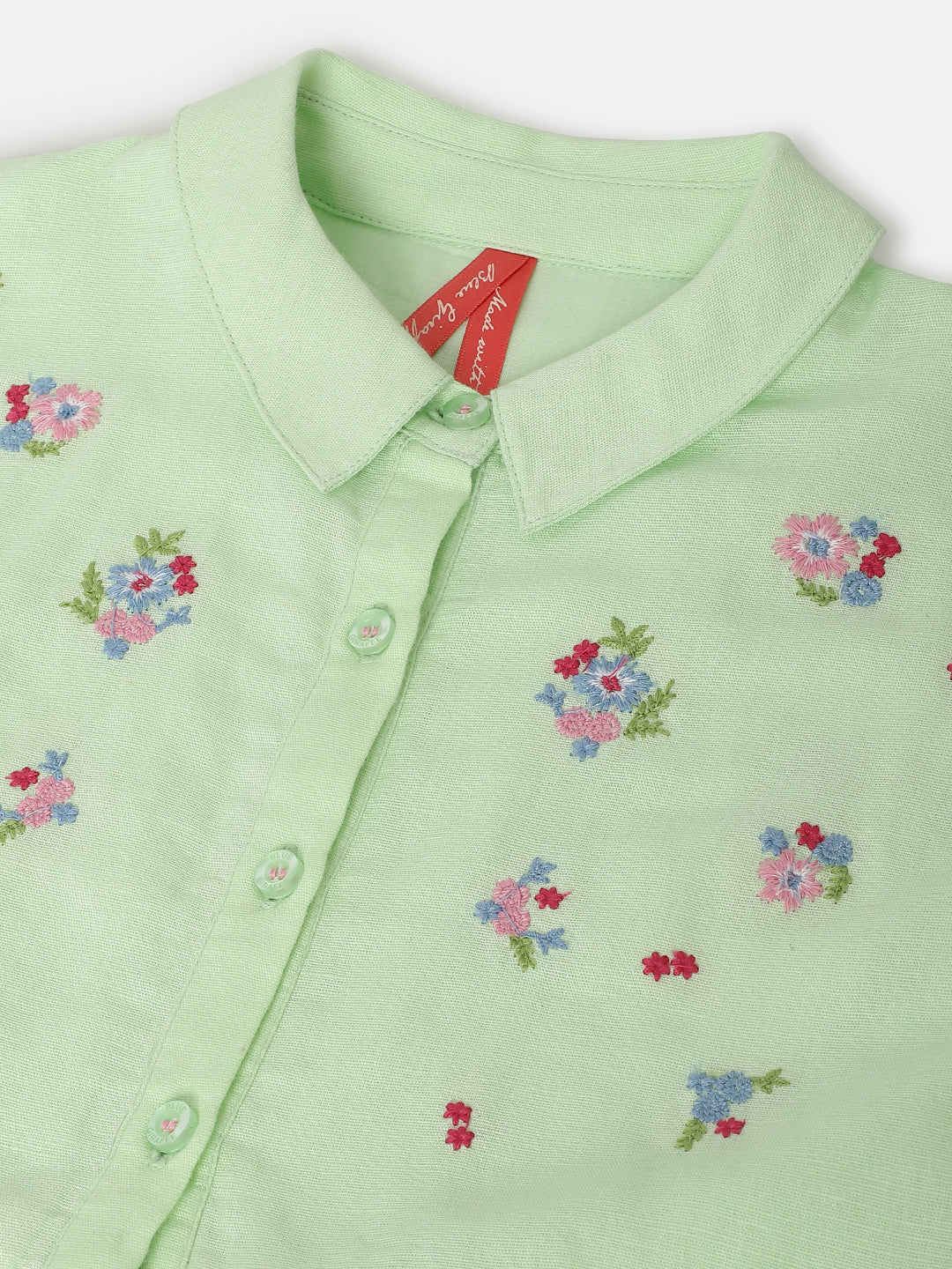 Blue Giraffe Girls Green Embroidered Shirt Collar Short Sleeves Dress