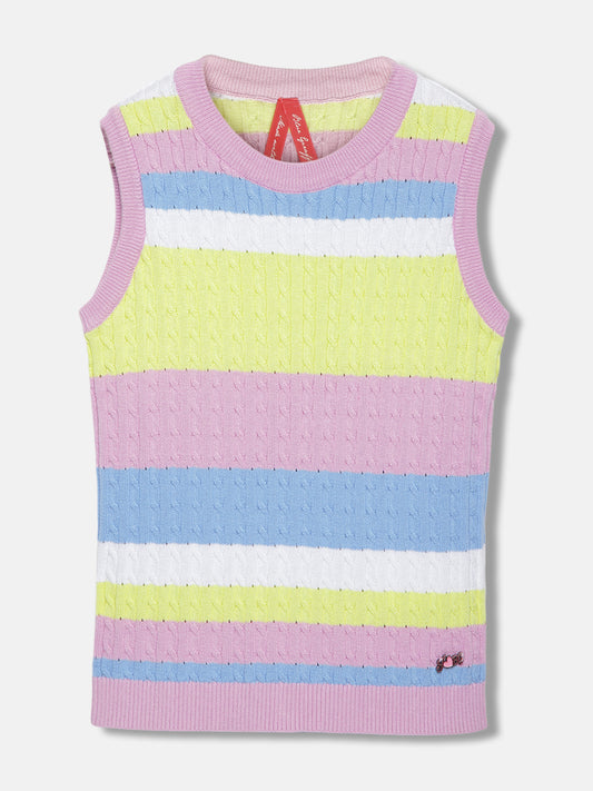 Blue Giraffe Girls Multi Striped Round Neck Sleeveless Top