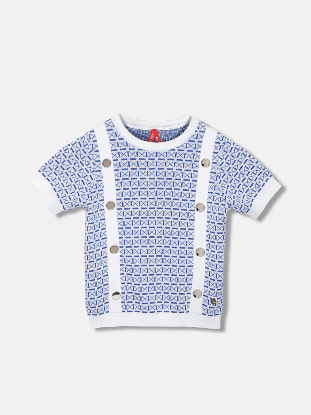 Blue Giraffe Girls Blue Self-Design Round Neck Short Sleeves Top