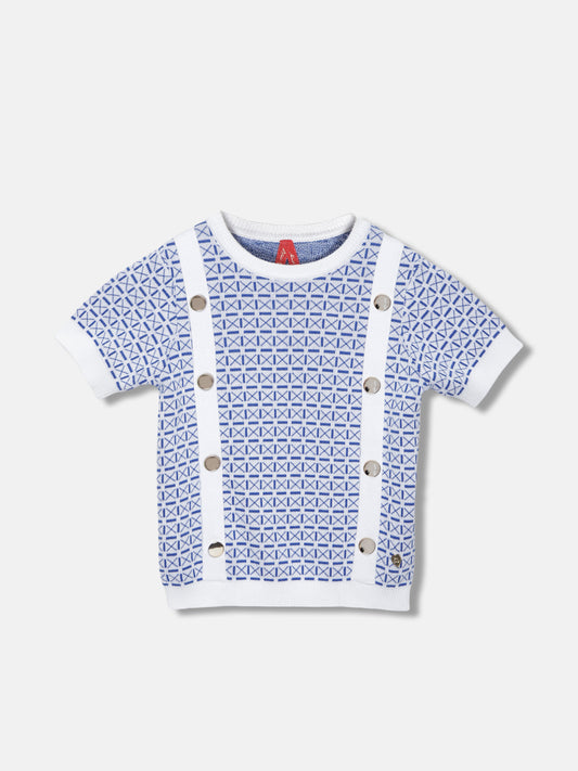 Blue Giraffe Girls Blue Self-Design Round Neck Short Sleeves Top