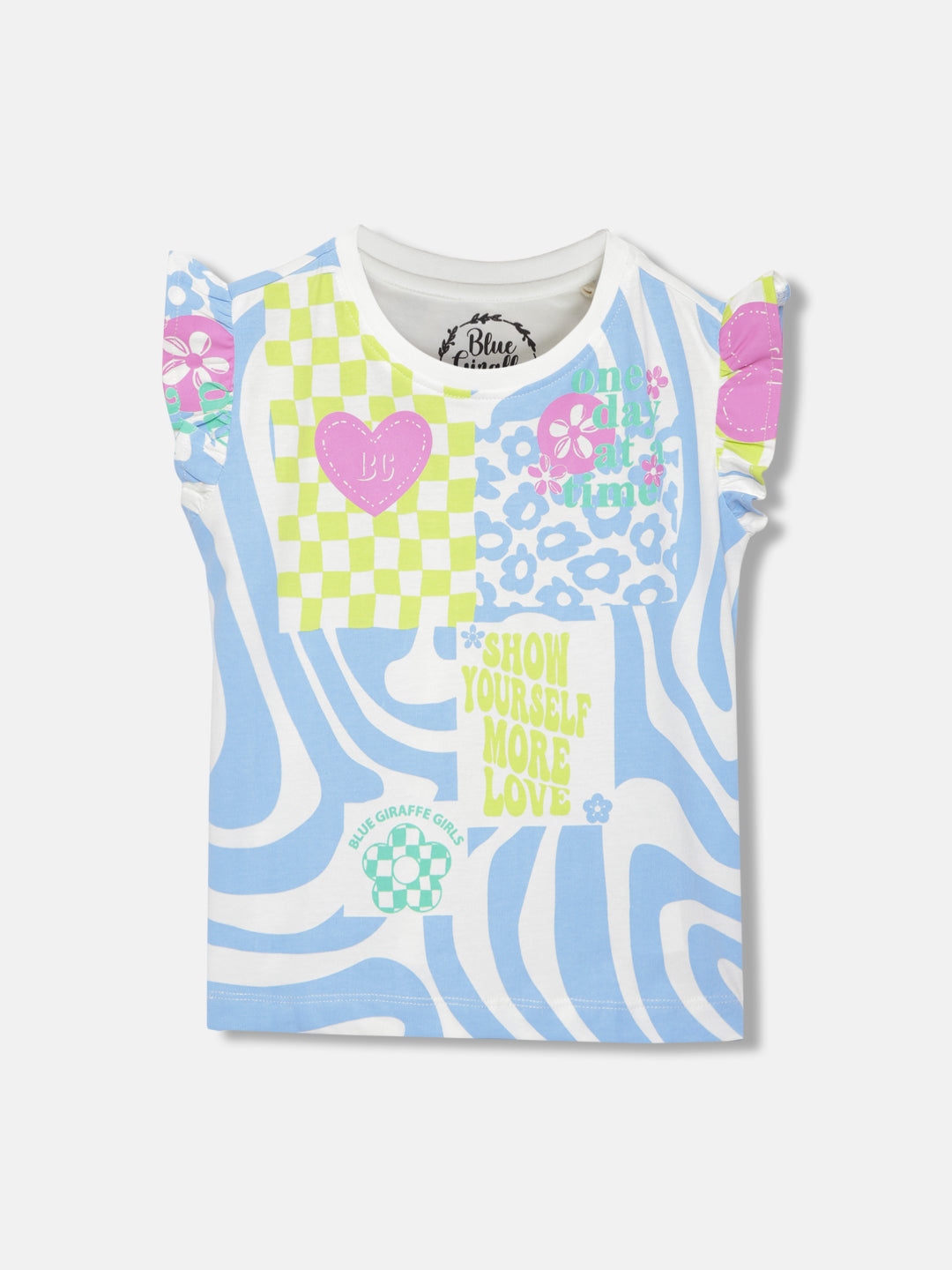 Blue Giraffe Girls Blue Printed Round Neck Ruffled Sleeves T-shirt