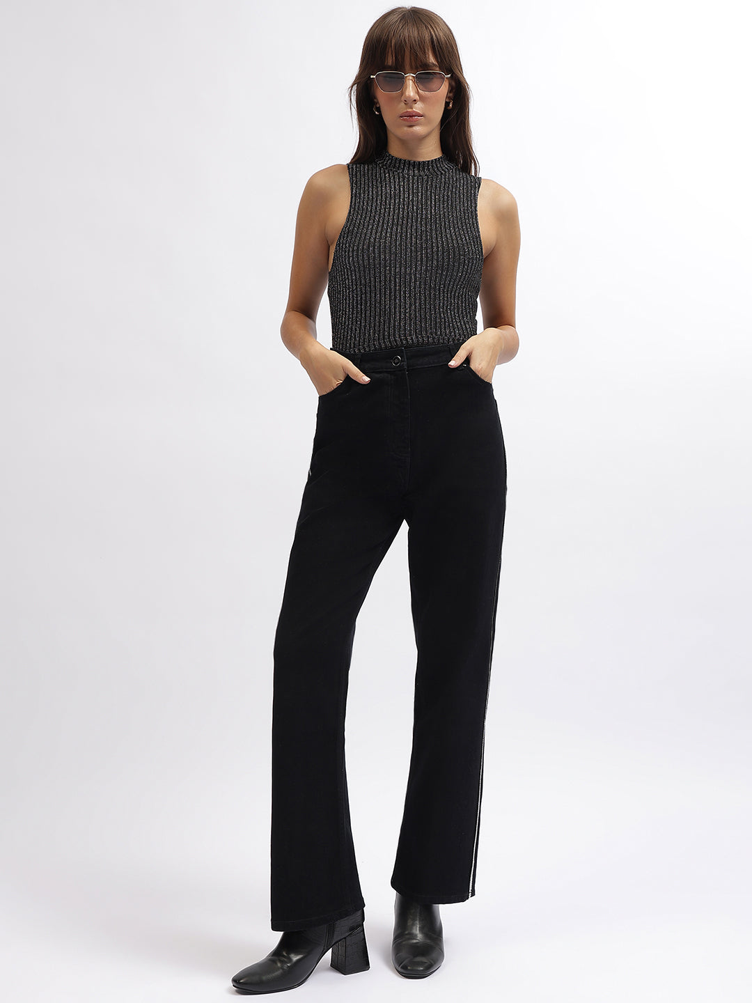 Centre Stage Women Black Solid Flare Fit Jeans