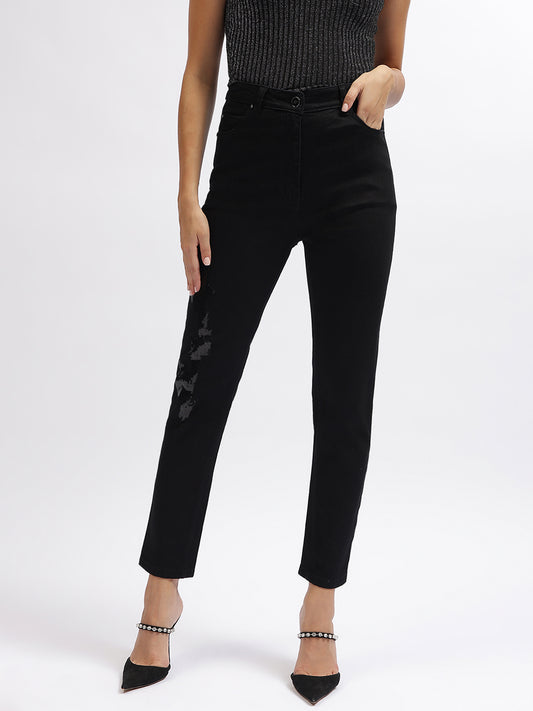 Centre Stage Women Black Embellished Slim Straight Jeans