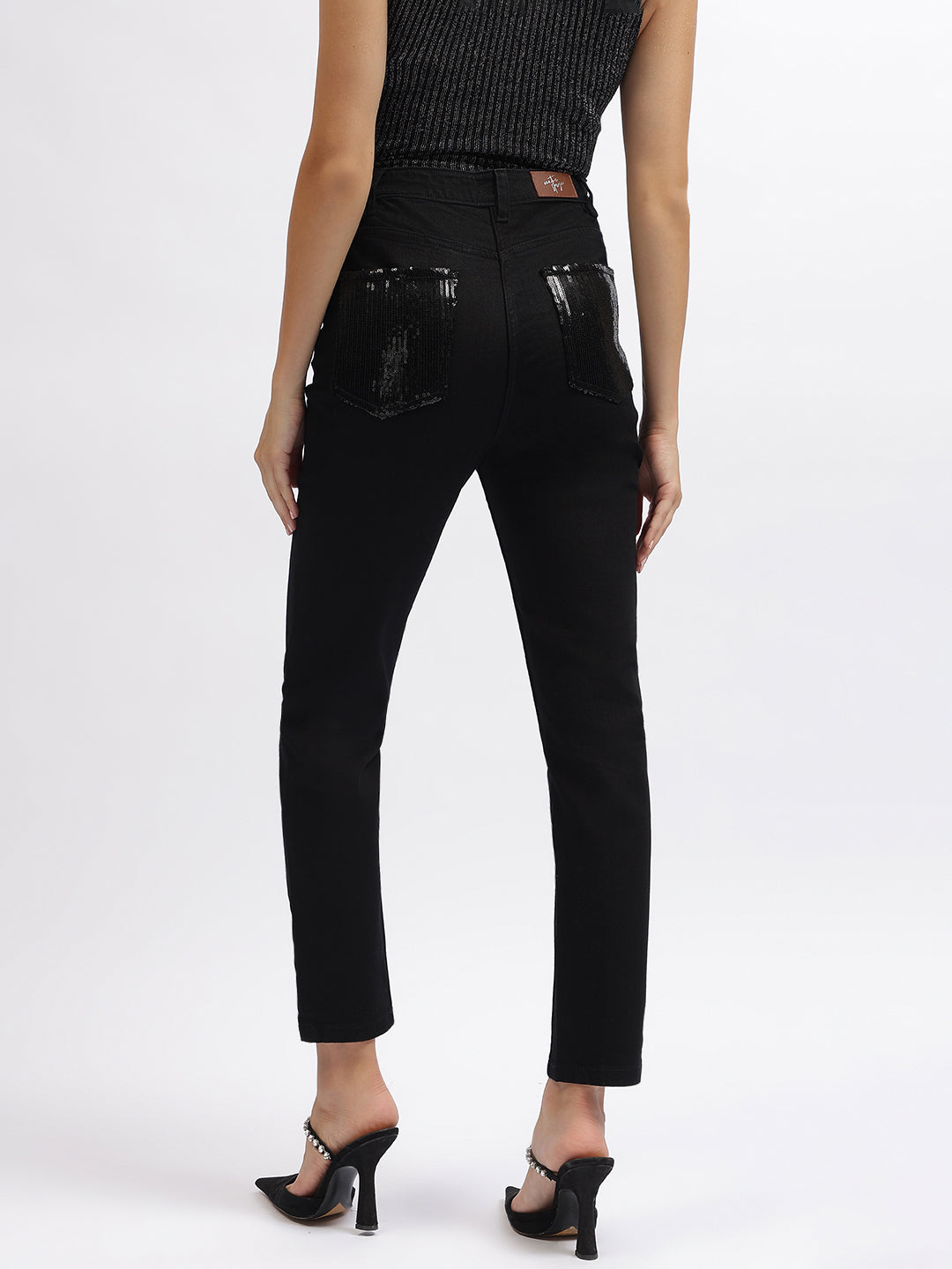 Centre Stage Women Black Embellished Slim Straight Jeans