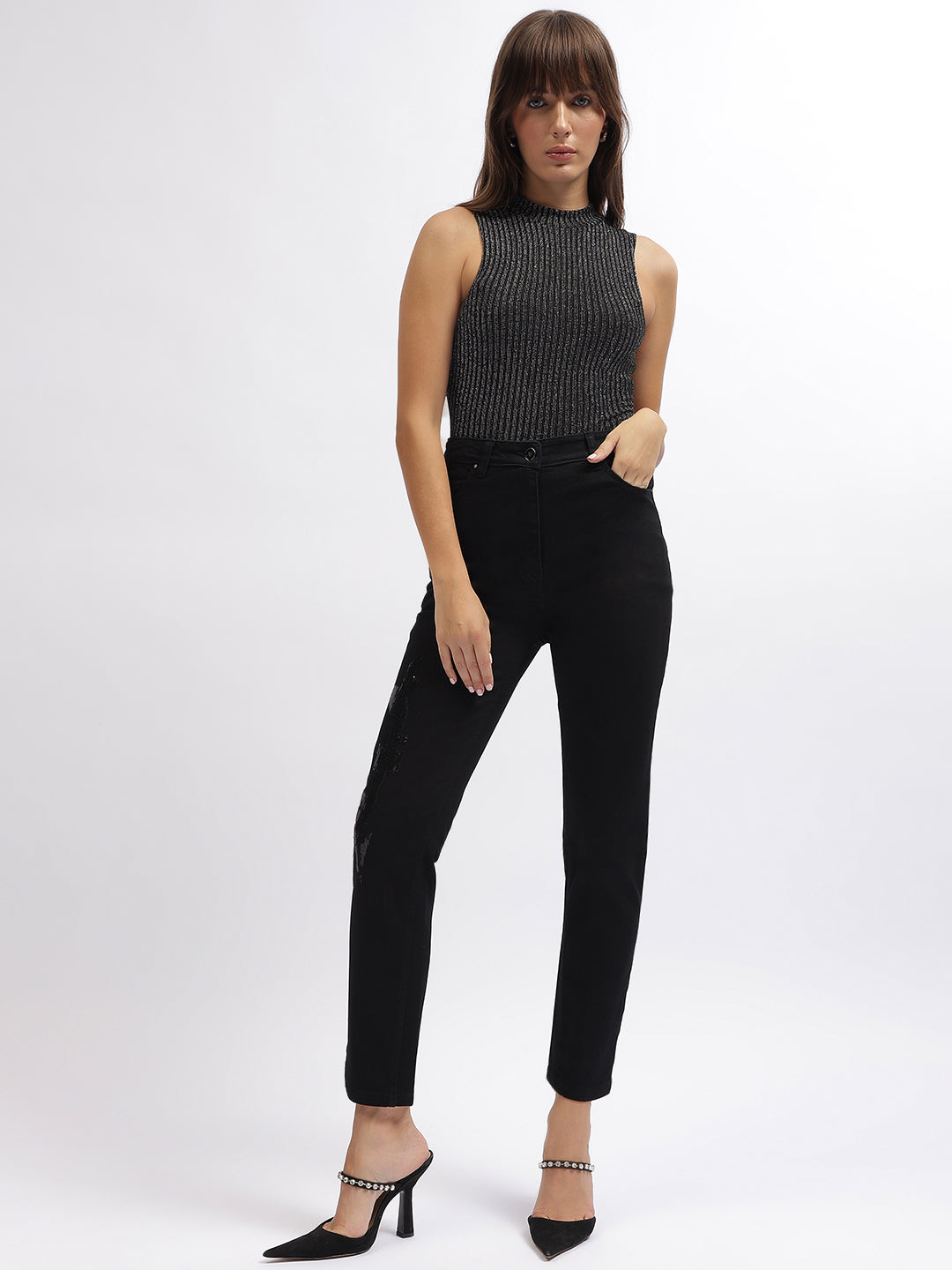 Centre Stage Women Black Embellished Slim Straight Jeans