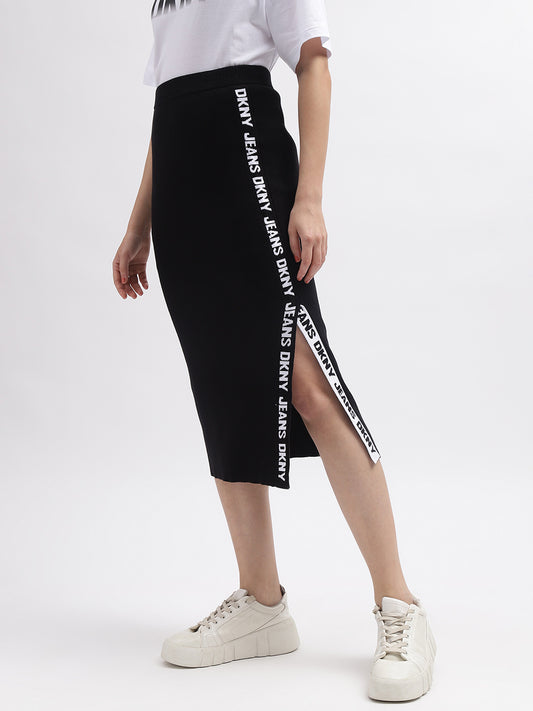 DKNY Women Black Solid Typographic Straight Skirt